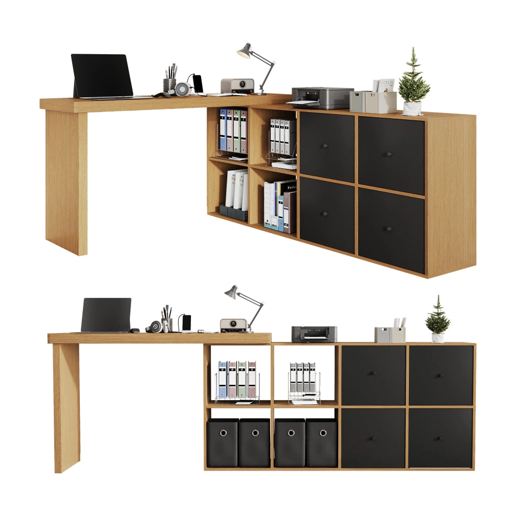 Scrivania angolare girevole a 360° con 4 vani aperti e 4 cassetti, in MDF, per ufficio e home office