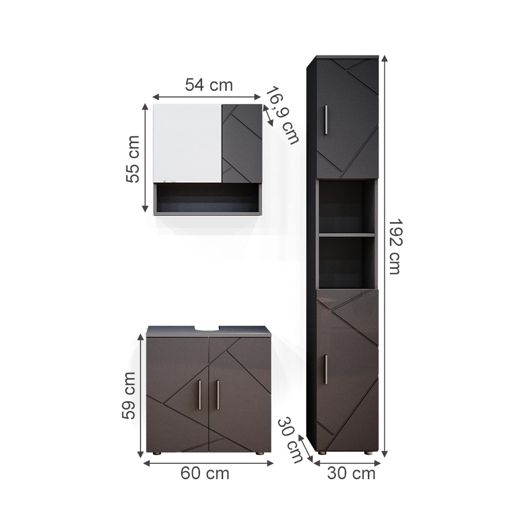 Vicco Set mobili bagno Antracite lucido 3 parti, con colonna