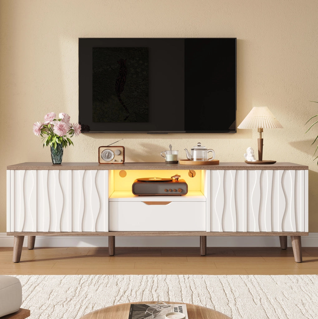 Mobile TV 160x40x52 cm con luci LED RGB e ante scorrevoli; in MDF e truciolare; bianco e noce scuro