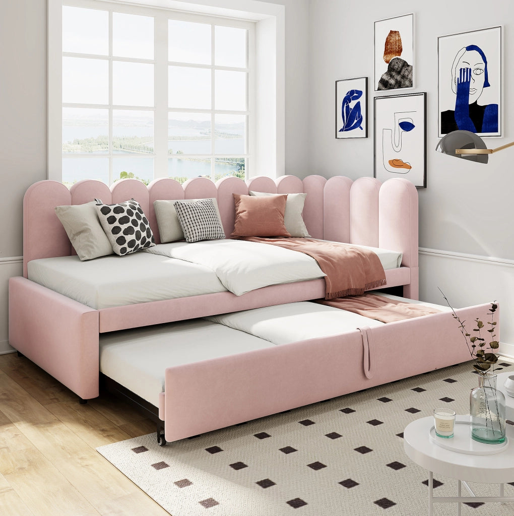 Divano letto multifunzione a L 90x200 cm con letto estraibile; in velluto rosa