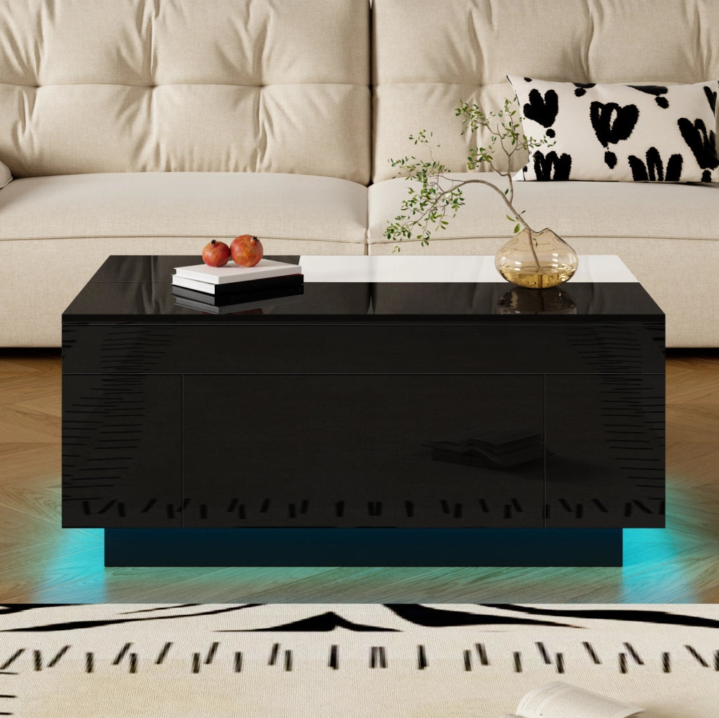 Tavolino da salotto 80x50x35.5 cm con illuminazione LED RGB; piano estraibile; MDF nero e bianco