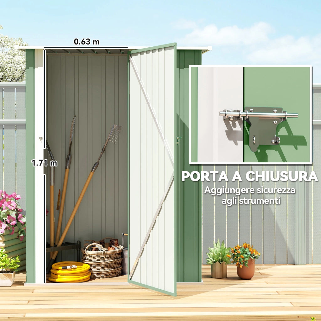 Capanno Porta Attrezzi 142x86x189 cm con Tetto Inclinato e Porta Bloccabile in Metallo Verde Chiaro
