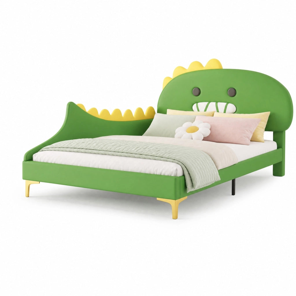 Letto per bambini 140x200 cm a forma di dinosauro, verde, in PU e MDF