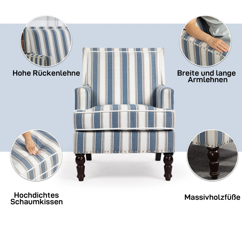 Poltrona Accent Imbottita ¨C MINIMAL ¨C Tessuto Lino Righe Blu/Bianco, Soggiorno