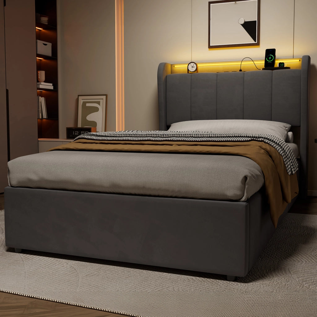 Letto singolo contenitore imbottito grigio scuro 90x200 cm con LED e dock di ricarica