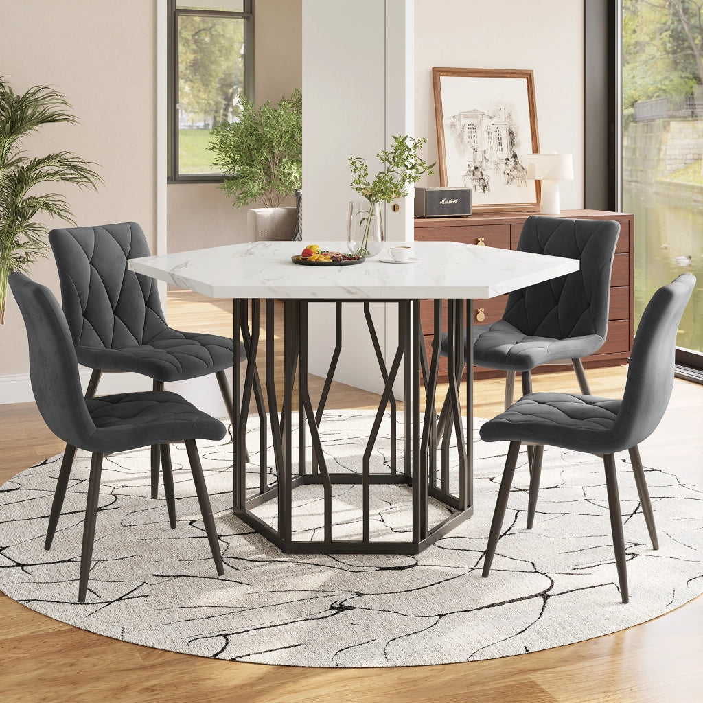 Tavolo da pranzo per 4 persone con 4 sedie in velluto, stile moderno, struttura in acciaio, nero e grigio, 115,5 × 100 × 75 cm
