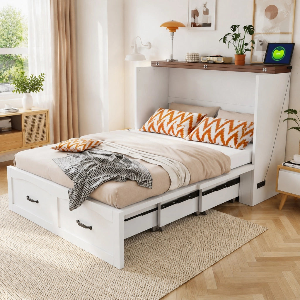 Letto a scomparsa pieghevole 140x200 cm con presa EU; bianco