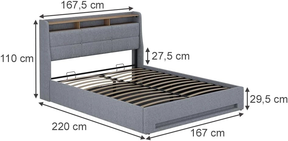 Letto imbottito Christin, Grigio/quercia, 160x200 con LED, porta USB e materasso