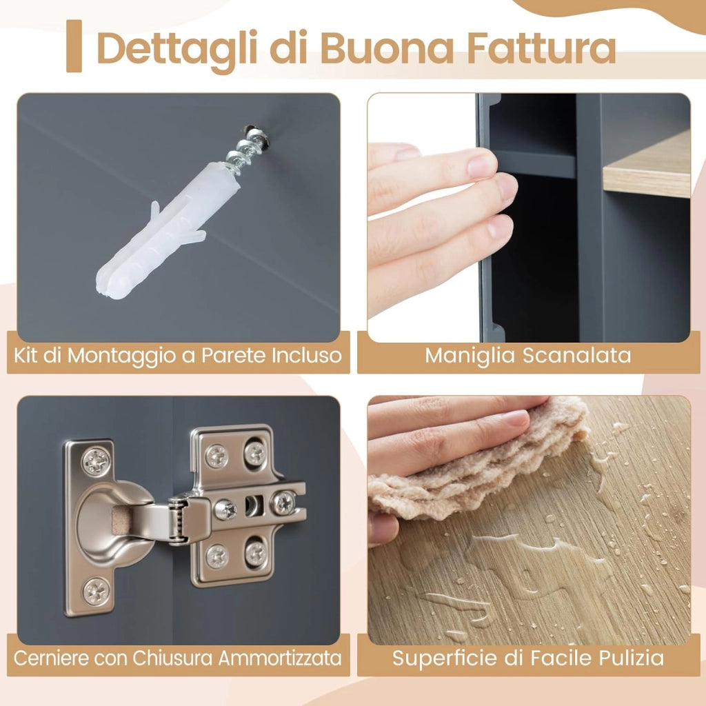 Armadio da Bagno con Specchio, Mobile da Parete con Porta Specchiata, Ripiano Regolabile e Scomparti Laterali Aperti, Mobile Salvaspazio per Soggiorno