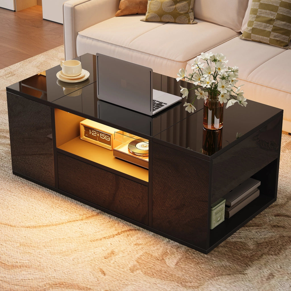 Tavolino da salotto con LED e vani contenitore; 100 x 50 x 40 cm; in truciolare nero lucido