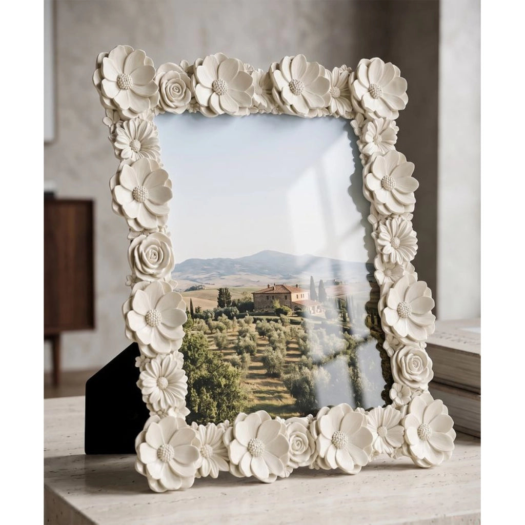 Cornice portafoto floreale in poliresina crema