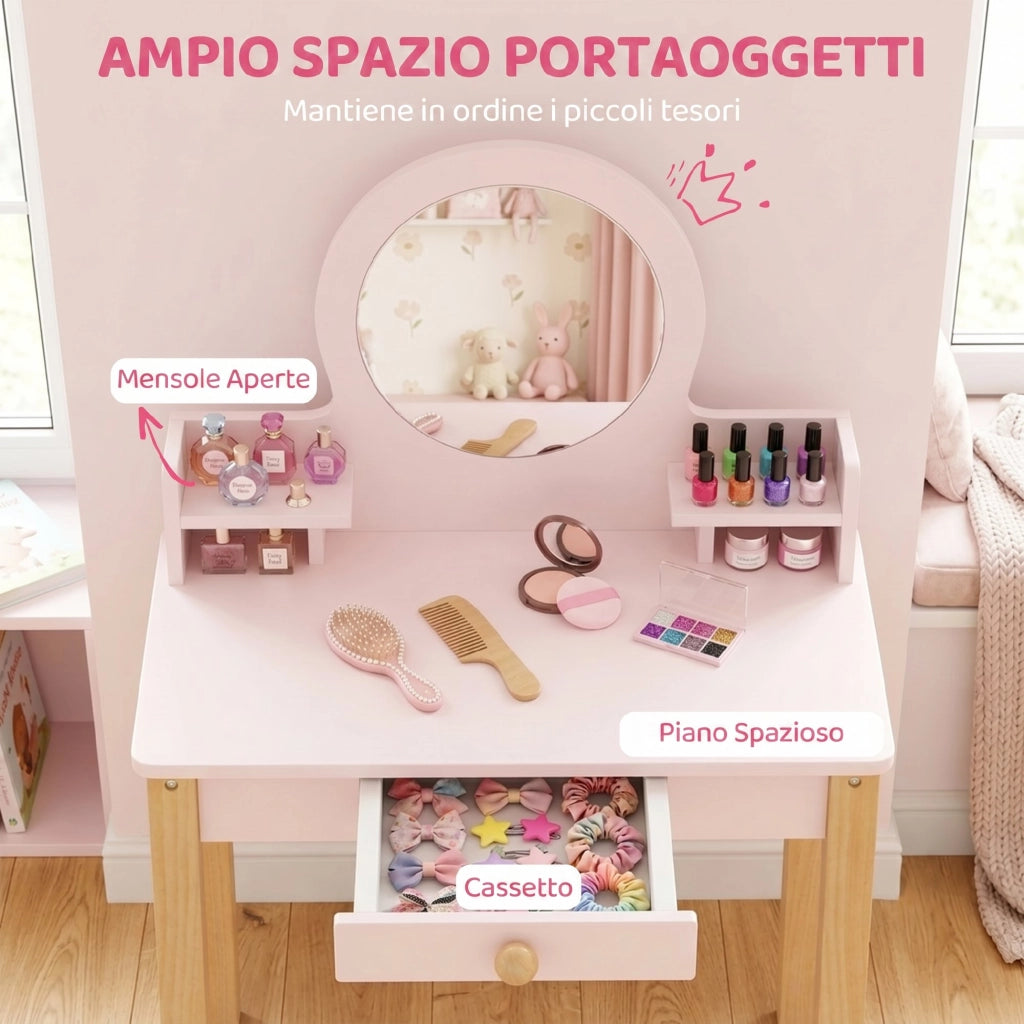 Set Toeletta Trucco per Bambina 55x34x82 cm con Sgabello Specchio e Cassetto in Legno Rosa