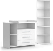 Set per cameretta Oskar, Bianco, 2 parti, con fasciatoio e ripiano per giocattoli, convertibile in una normale cassettiera dopo la rimozione del fasciatoio