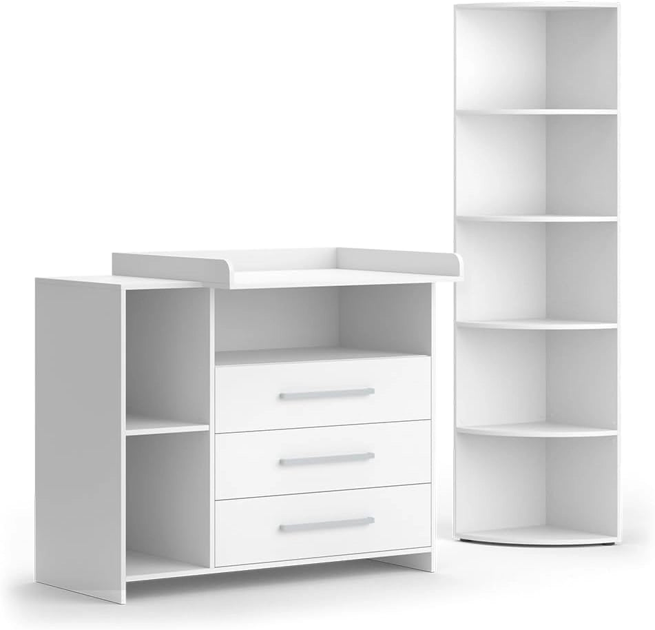 Set per cameretta Oskar, Bianco, 2 parti, con fasciatoio e ripiano per giocattoli, convertibile in una normale cassettiera dopo la rimozione del fasciatoio