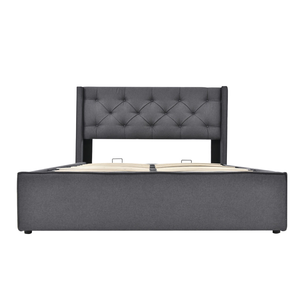 Letto matrimoniale imbottito 140x200 cm con contenitore e rete a doghe; grigio