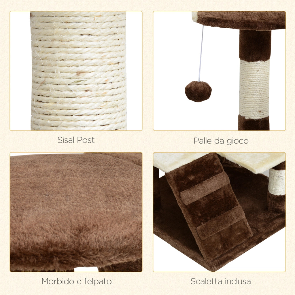 EasyComfort Albero Tiragraffi per Gatti in Peluche e Sisal con Cucce e Pallina 50×50×134.5cm Caffè e Crema