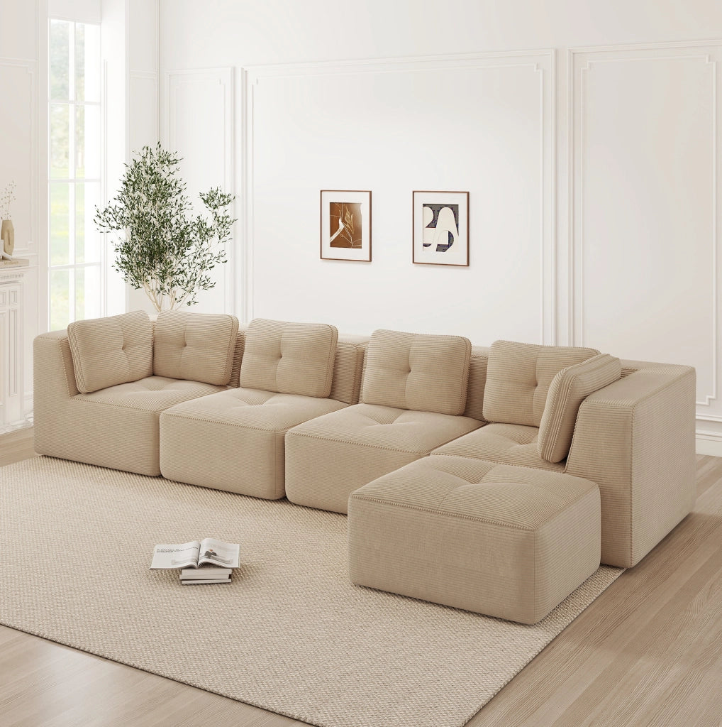 Divano angolare modulare 386x177x69 cm in tessuto a coste beige; seduta profonda