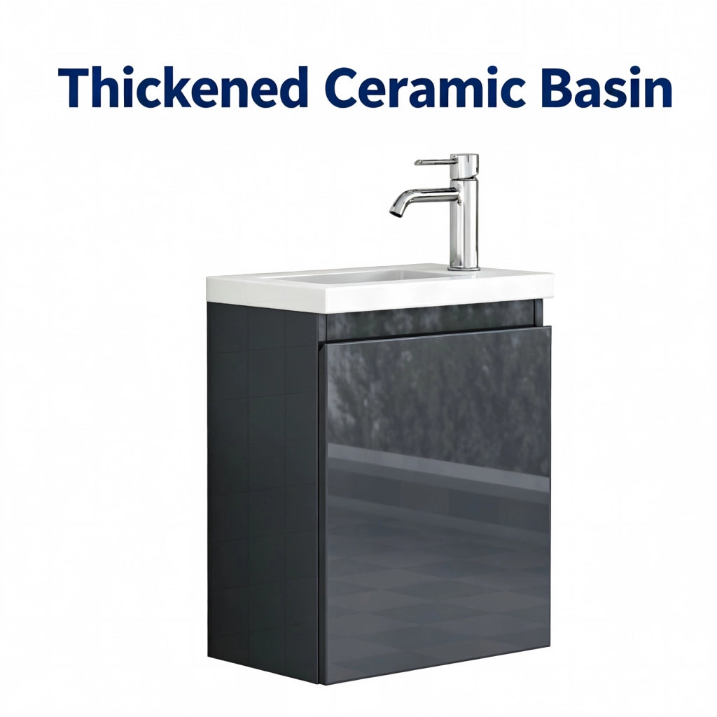 Mobile bagno con lavabo in ceramica e specchio; sospeso; senza maniglie con chiusura ammortizzata; in MDF; grigio