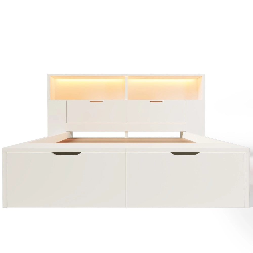 Letto Contenitore 140x200 in Legno con LED, Cassetti e Rete a Doghe ¨C MINIMAL ¨C Bianco