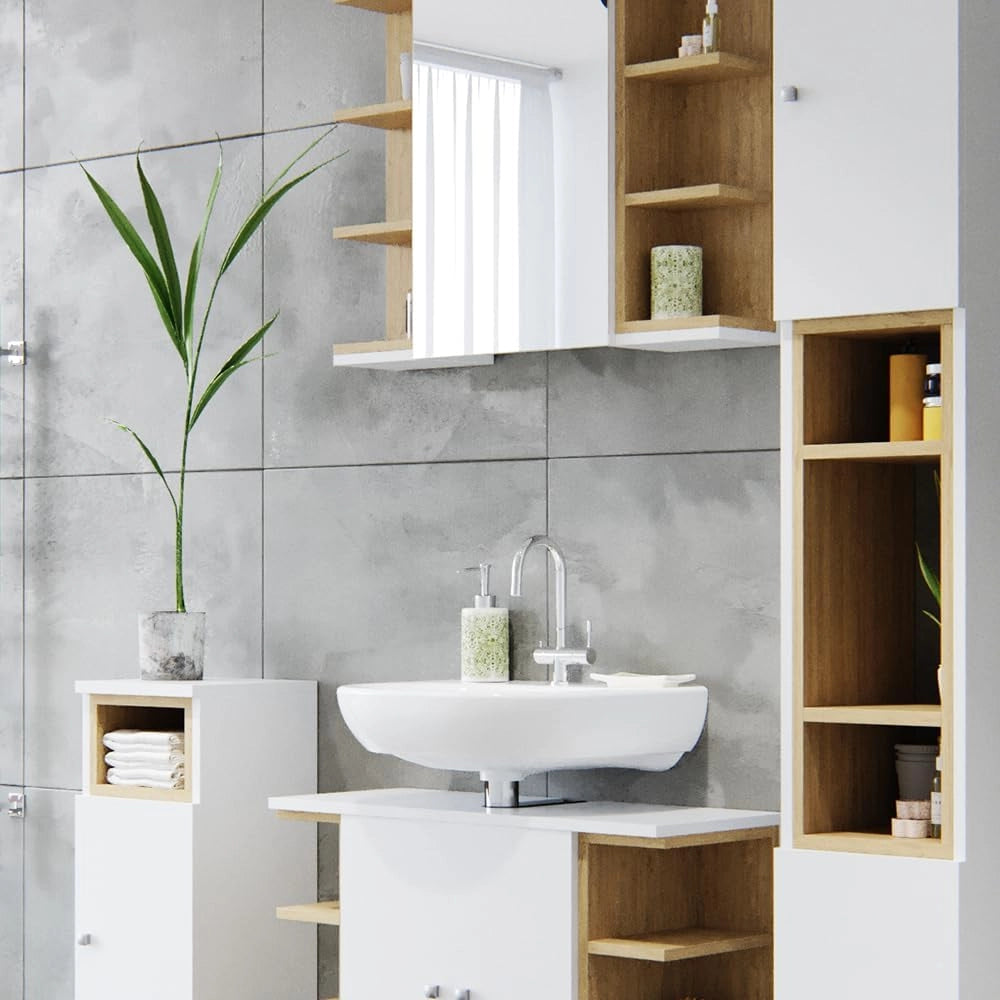 Set mobili bagno Aquis, Bianco, 79.6 cm, composto da specchio da bagno e mobile sottolavabo