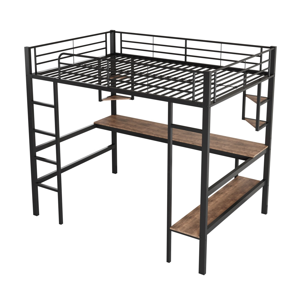 OKWISH Letto a Soppalco 90×200 cm, Letto Singolo con Scrivania, 5 Mensole e Libreria, senza Materasso, in Metallo, Nero