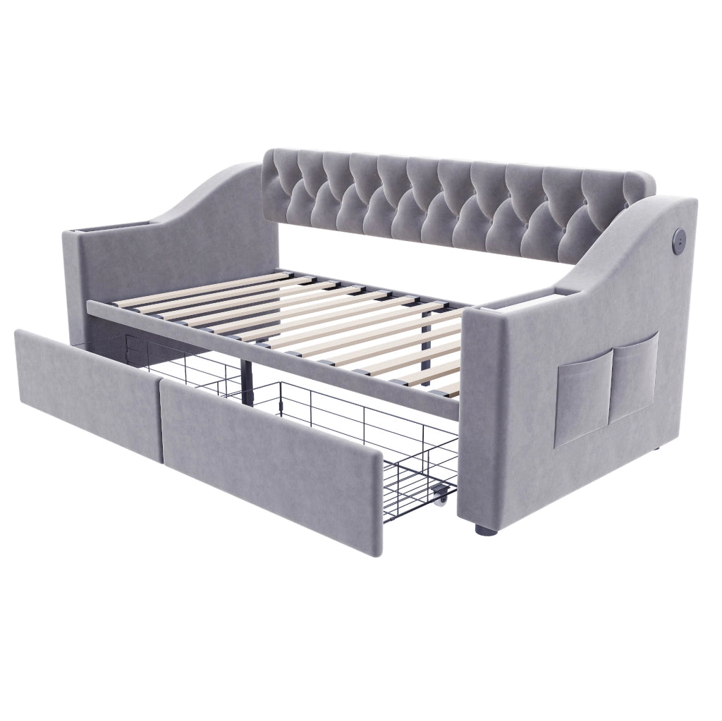 Divano letto imbottito 90x190 cm in velluto grigio chiaro; con 2 cassetti e porte USB/Type-C