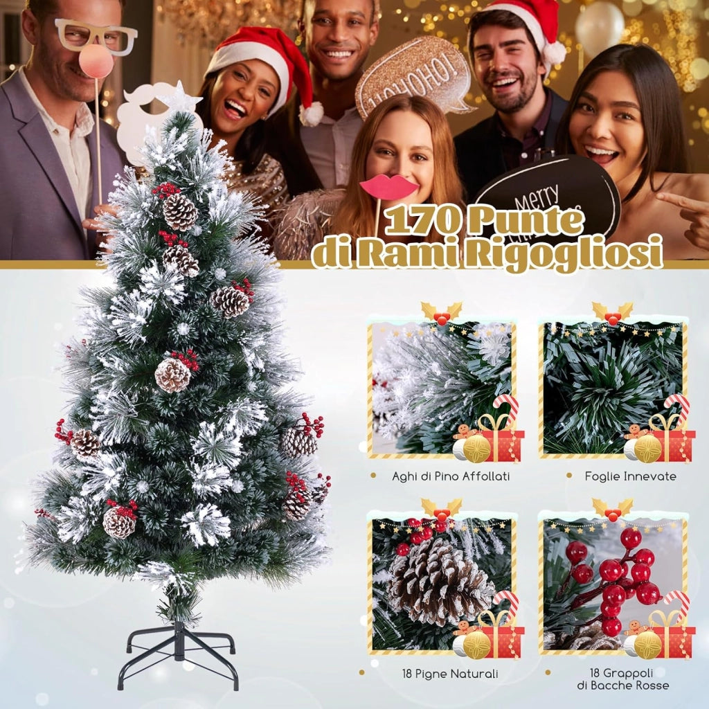 Albero di Natale Innevato 150/180 CM, con Fibra Ottica, 49/63 Luci LED, 8 Modalità di Illuminazione, 170/220 Punte di Rami, Ago di Pino, 18/24 Mazzi di Bacche Rosse e 18/24 Pigne (150 CM)