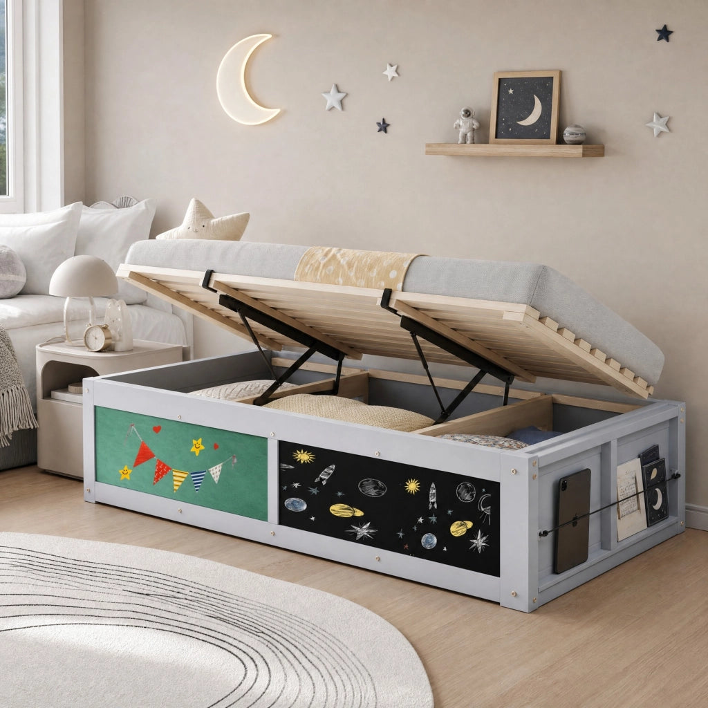Letto multifunzionale per bambini 90 ¡Á 200 cm con contenitore idraulico, lavagna e pannello in feltro, montaggio reversibile, grigio