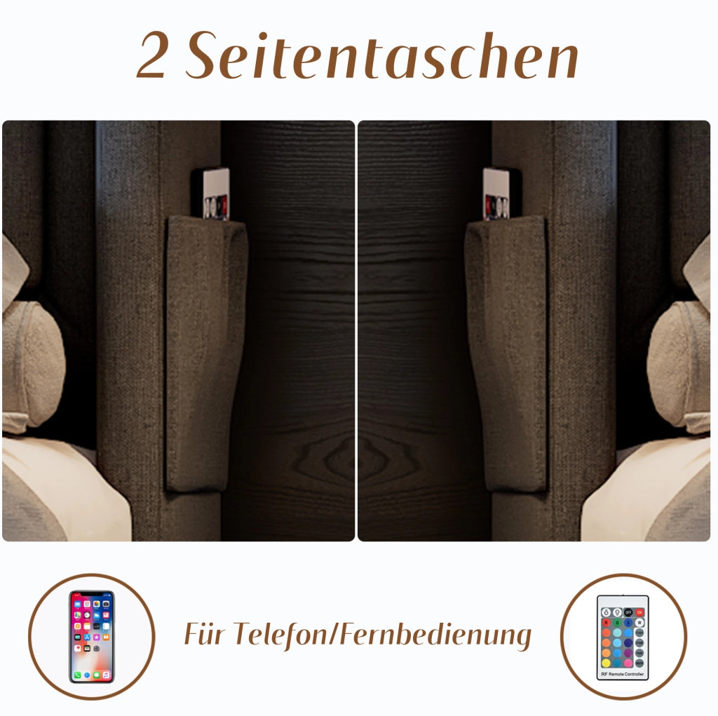 Letto matrimoniale 180x200 cm con 4 cassetti; LED; USB e USB-C in cotone e lino grigio
