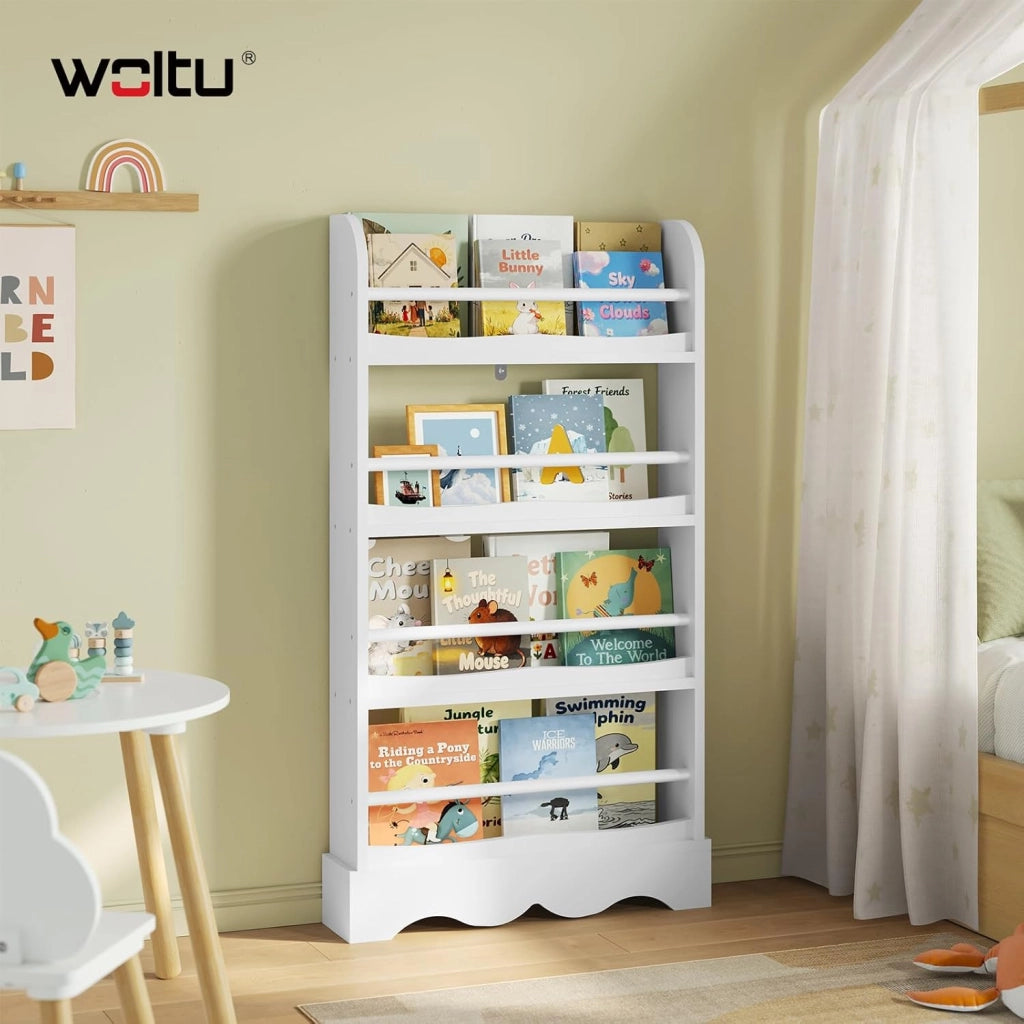 Libreria Montessoriana per Bambini, Scaffale Porta Libri Salvaspazio a 4 Ripiani, Piccola Libreria a Muro in Legno, per Cameretta, Stanza dei Giochi, 60x12x108cm