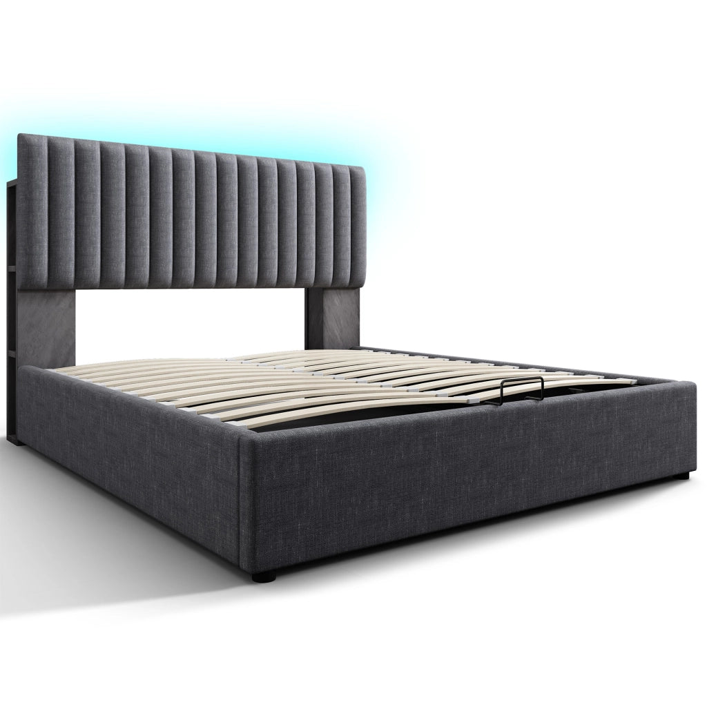 Letto matrimoniale imbottito 140x200 cm con contenitore, LED App-Control, USB e Type-C, grigio, con materasso