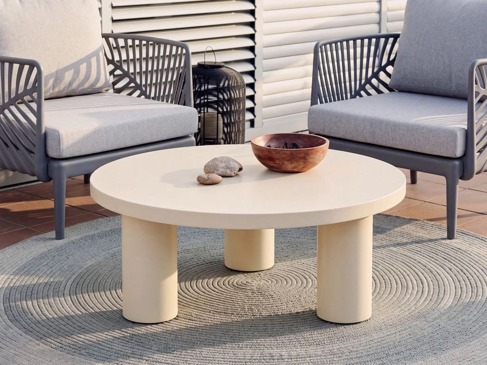 Tavolino da giardino in acciaio verniciato a polvere, resistente alle intemperie, stile moderno, rotondo, per esterni, beige