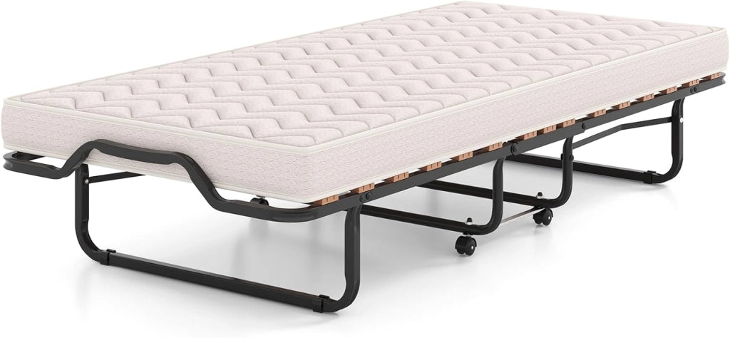Letto Brandina Pieghevole, con Materasso in Memory Foam 4 Ruote Girevoli, Trapuntatura a Onda con Imbottitura a Doppia Fibra, 200x80x40cm, Made in Italy (Stile 2 Beige)