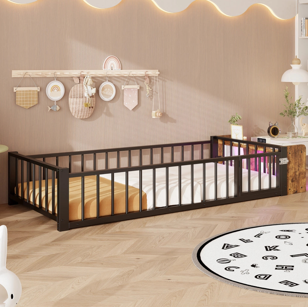 Letto 90x200 cm con sponda; vano portaoggetti e LED in metallo e MDF
