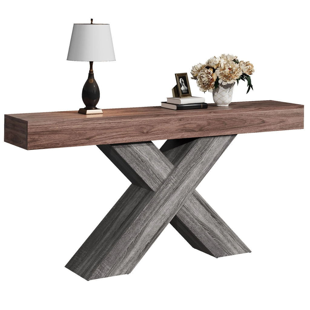 Consolle con supporto a X - per ingresso - in truciolare - 140x30x80 cm - noce