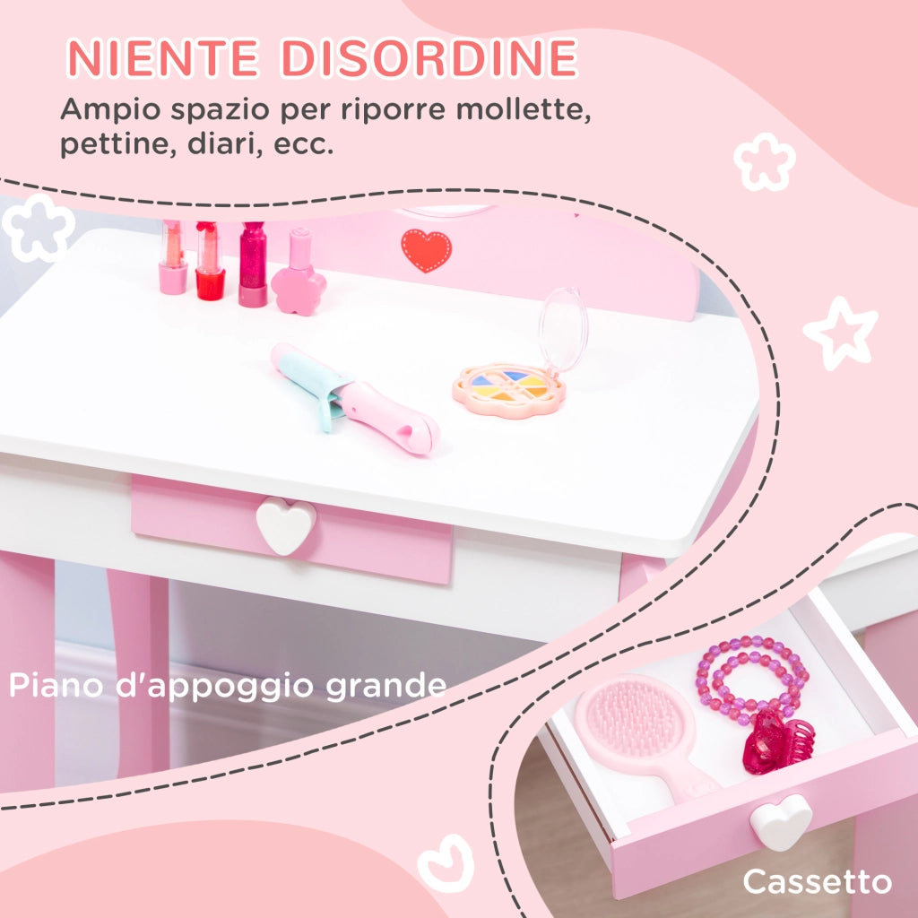 Set Tavolo Trucco con Sgabello, Specchio e Cassetto per Bambini ¨C Zephmum ¨C Bianco e Rosa, MDF