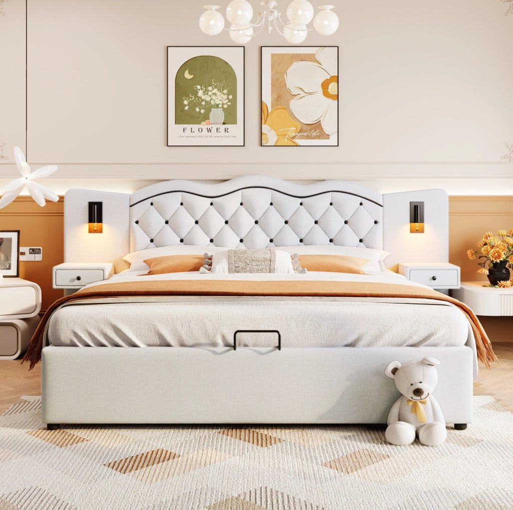 Letto imbottito 180x200 cm; alzata idraulica e luci; lino e MDF; beige