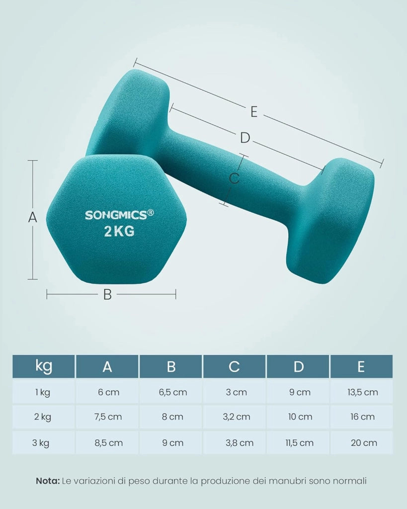 SONGMICS Set manubrio, 3 paia, 2 x 1 kg, 2 x 2 kg, 2 x 3 kg, supporto portaoggetti, palestra, sollevamento pesi, rivestimento in neoprene antiscivolo