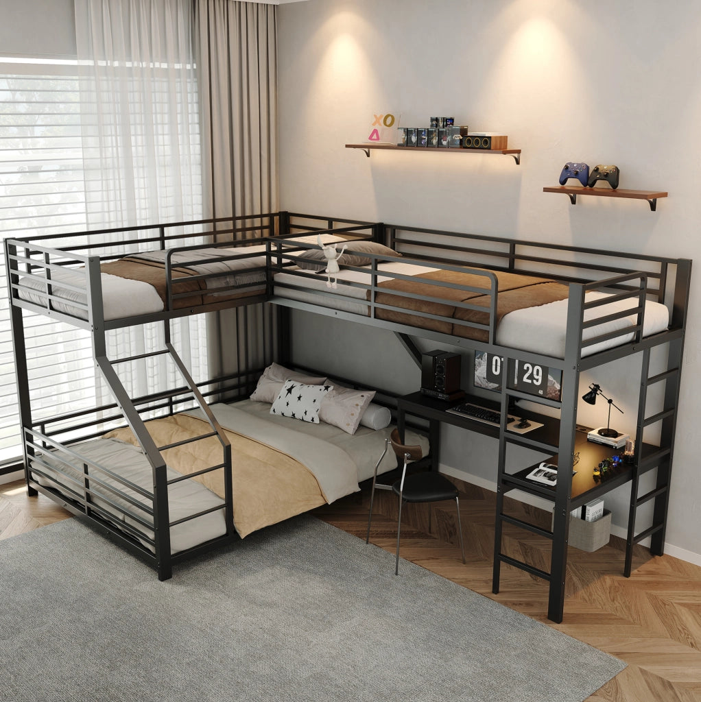Letto a castello a tre posti con scrivania; 90x200 cm e 140x200 cm; in metallo e MDF; nero