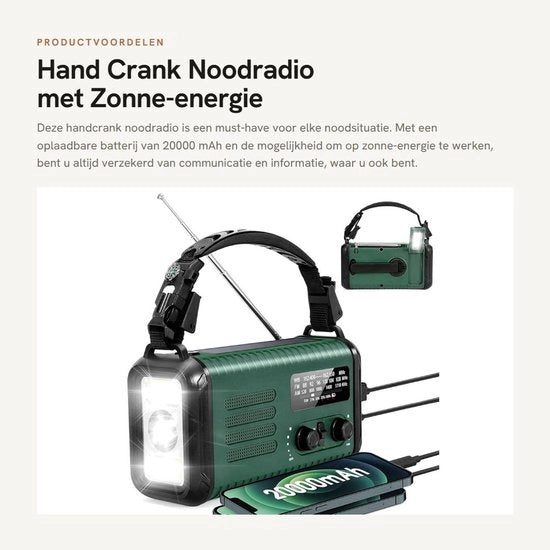 Radio Meteorologico Portatile - Opwindbaar/Solare - 20000 mAh Batteria Ricaricabile - Radio Portatile - Lampada da Tasca/SOS Allarme - Ricezione AM/FM - Radio di Emergenza