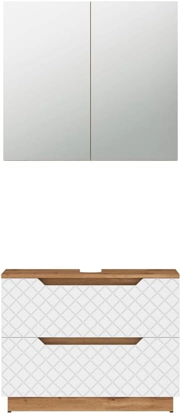Set di mobili da bagno Lotta, Rovere/bianco con struttura in piastrelle, 2 parti