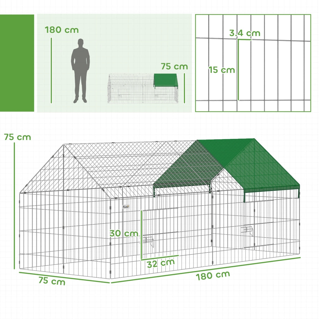 Gabbia per Conigli e Galline da Esterno e Interno 180x75x75 cm con Protezione Parasole e Griglia Metallica Verde