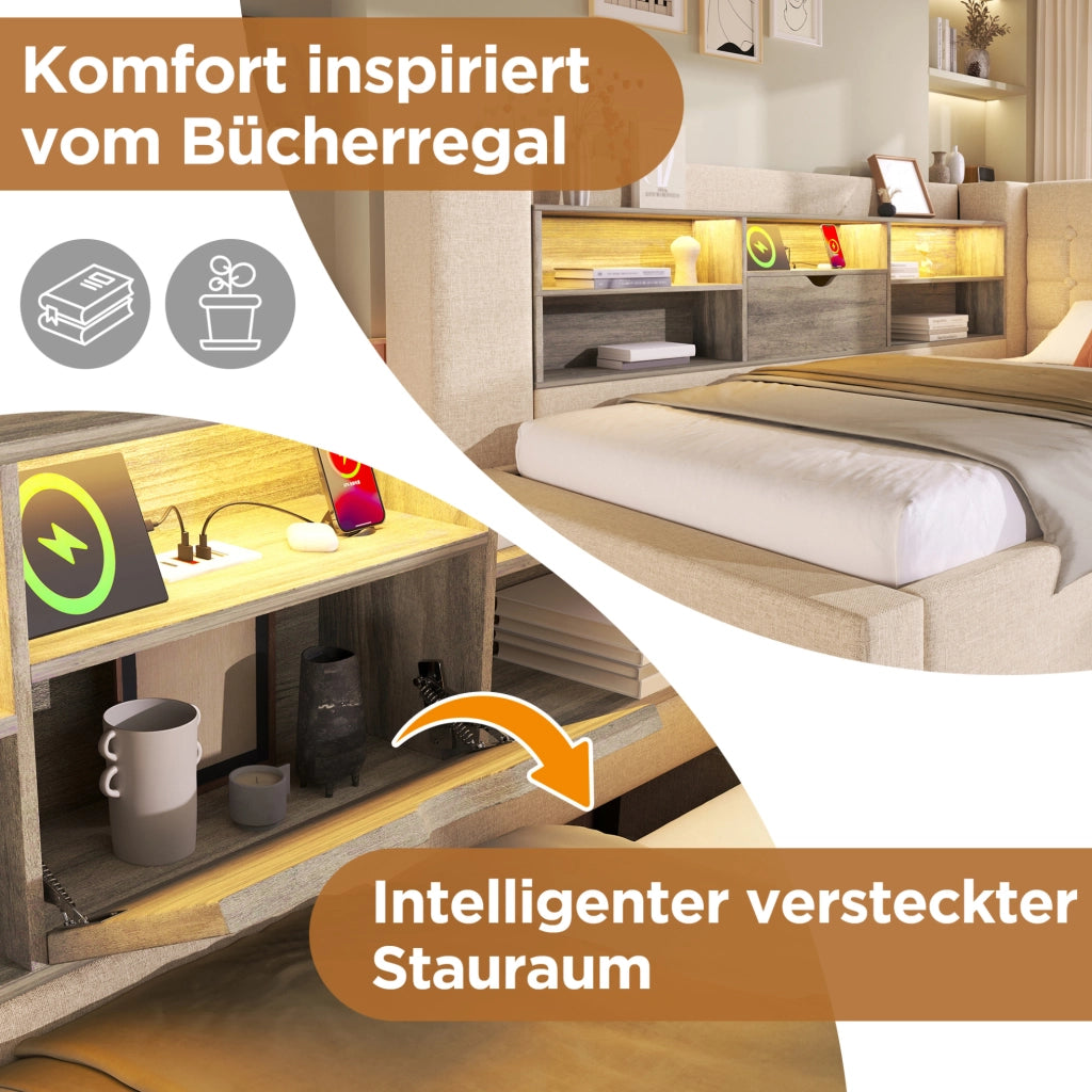 Letto imbottito 140x200 cm beige con LED, USB e materasso H3