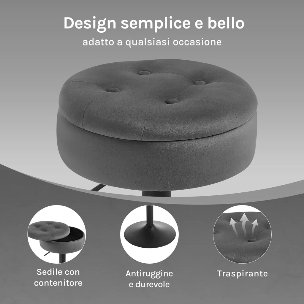 Set di 2 Sgabelli da Cucina, Sgabelli da Bar Alti con Spazio Contenitivo, Sedia Regolabili in Altezza e Girevoli a 360°, per Cucina Sala da Pranzo Bar Bancone, Velluto, Metallo, Grigio Scuro