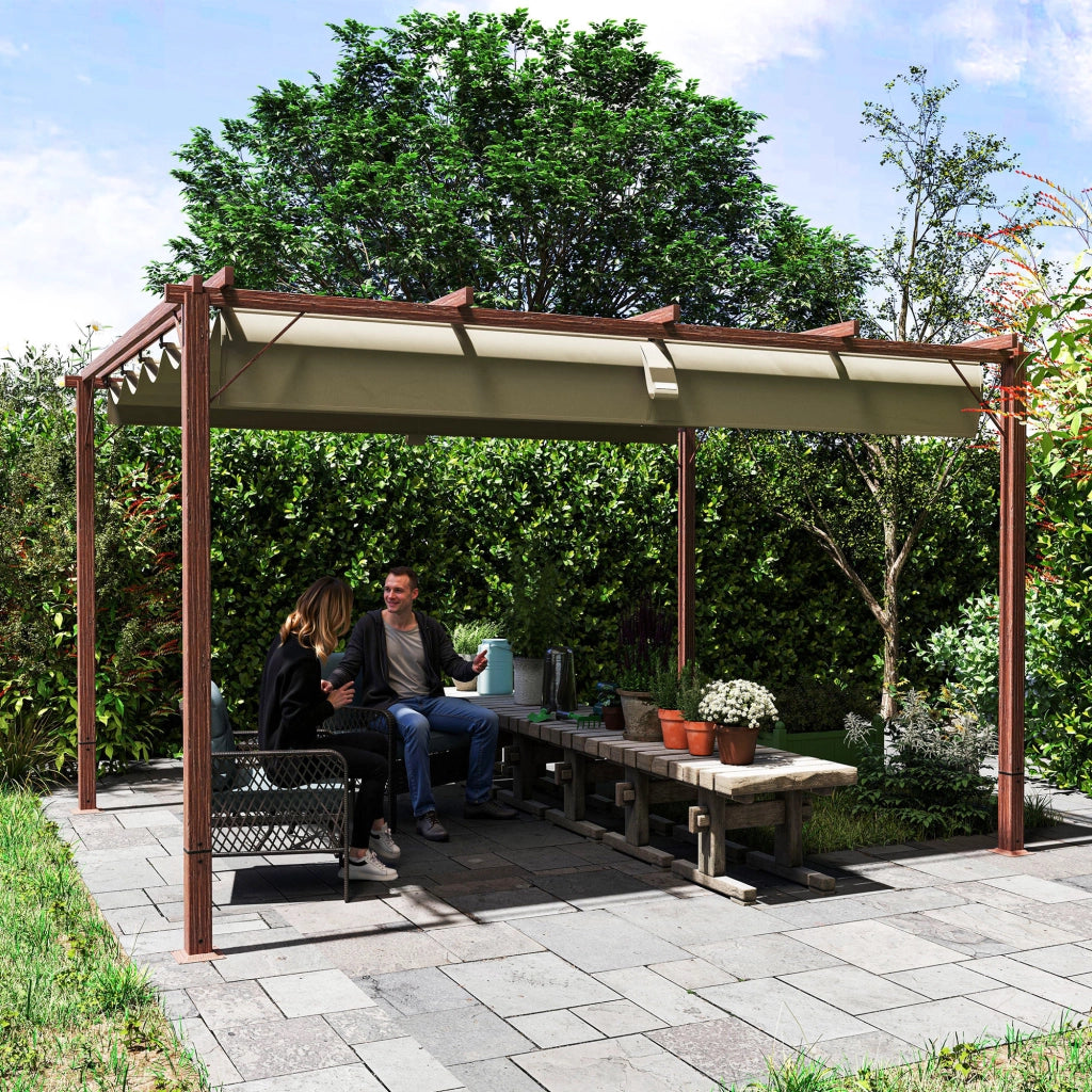Gazebo Pergola con Tetto Retrattile. Picchetti e Viti. in Poliestere e Alluminio. 382x300x232 cm. color Legno