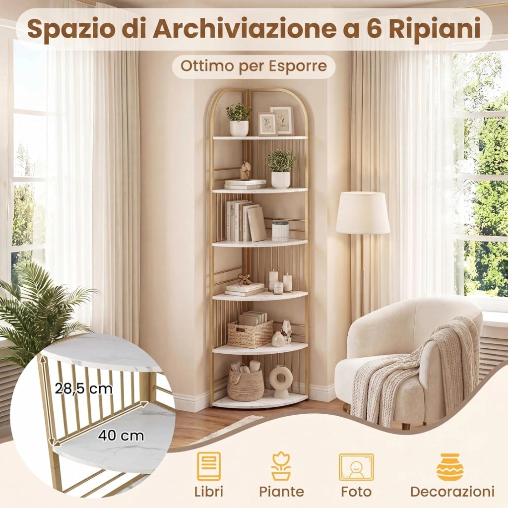 Scaffale Angolare a 6 Ripiani, Libreria Alta 181,5 cm Autoportante con Struttura in Metallo Robusto, Espositore Verticale per Soggiorno, Camera da Letto, Ufficio (Bianco)