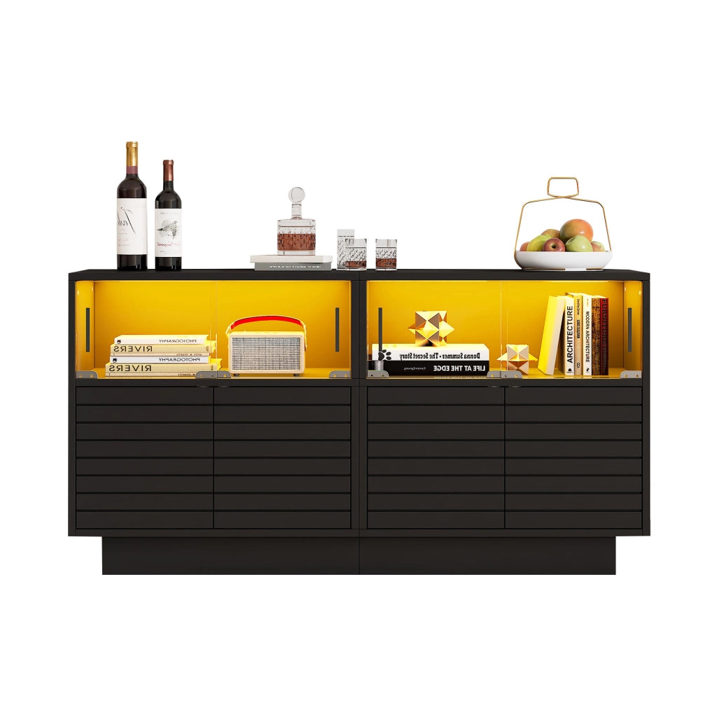 Credenza nera con ante scorrevoli in vetro e luce LED