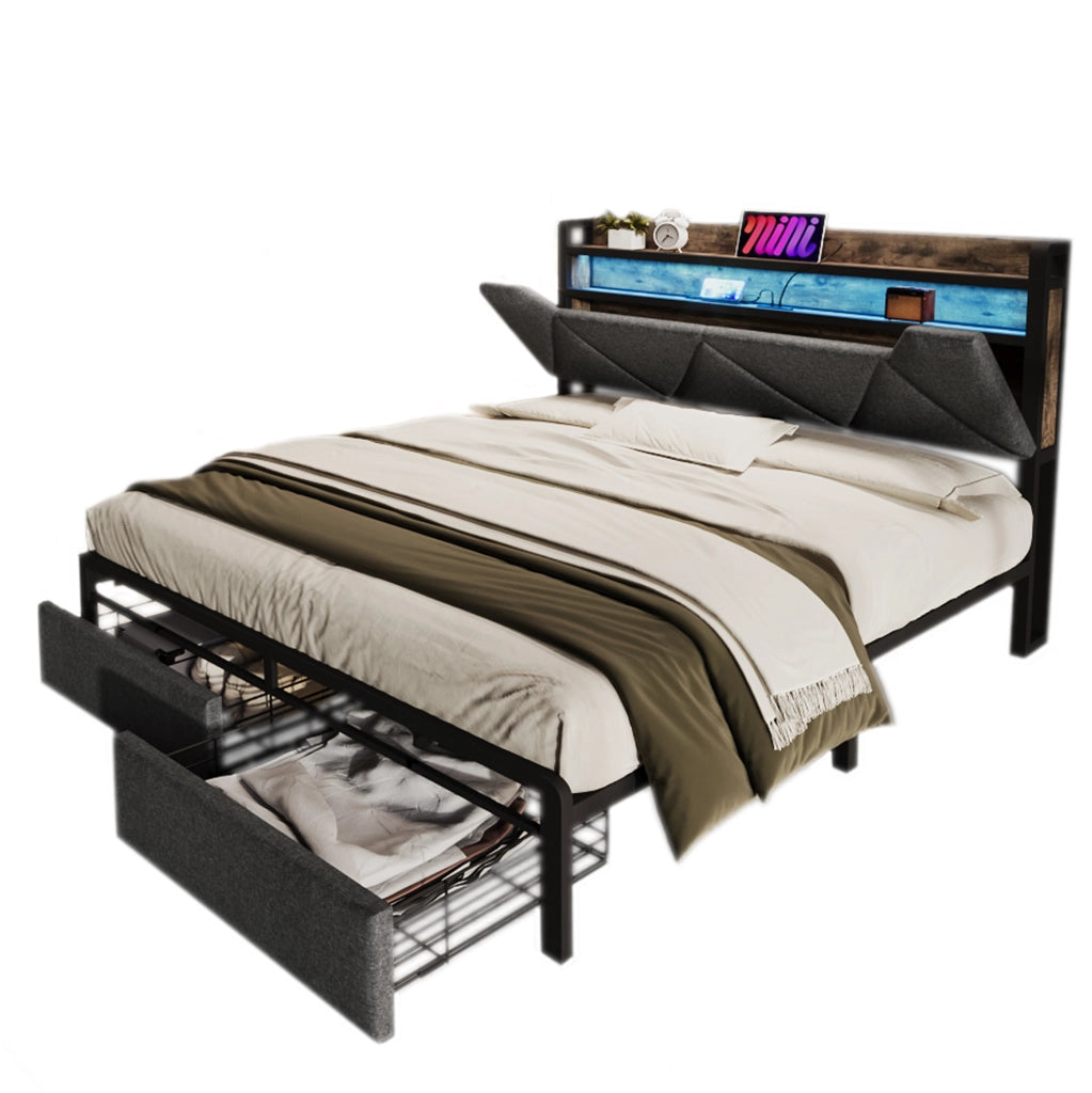 Letto matrimoniale 140x200 con testiera contenitore; LED; USB-C; cassetti; grigio