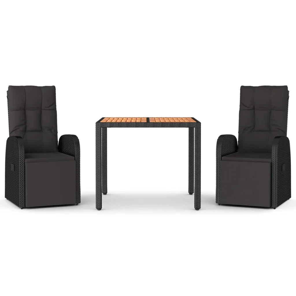 Set Pranzo Giardino 3pz Nero Polyrattan e Legno Massello Acacia 3157606