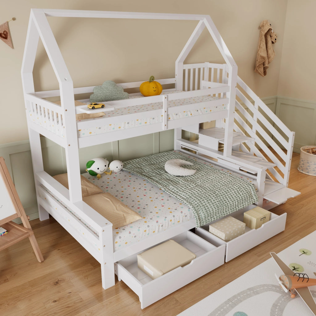 OKWISH Letto a Castello 90×200 cm e 140×200 cm, Letto 3 Posti con 2 Cassetti, Scala Contenitore e Spondine, senza Materasso, Bianco